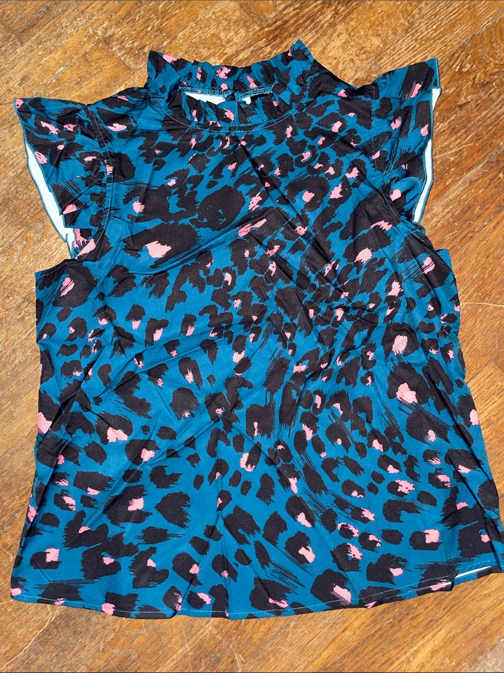 SHEIN Teal Leopard Print Ruffled Mock Neck Blouse with Pink Accents